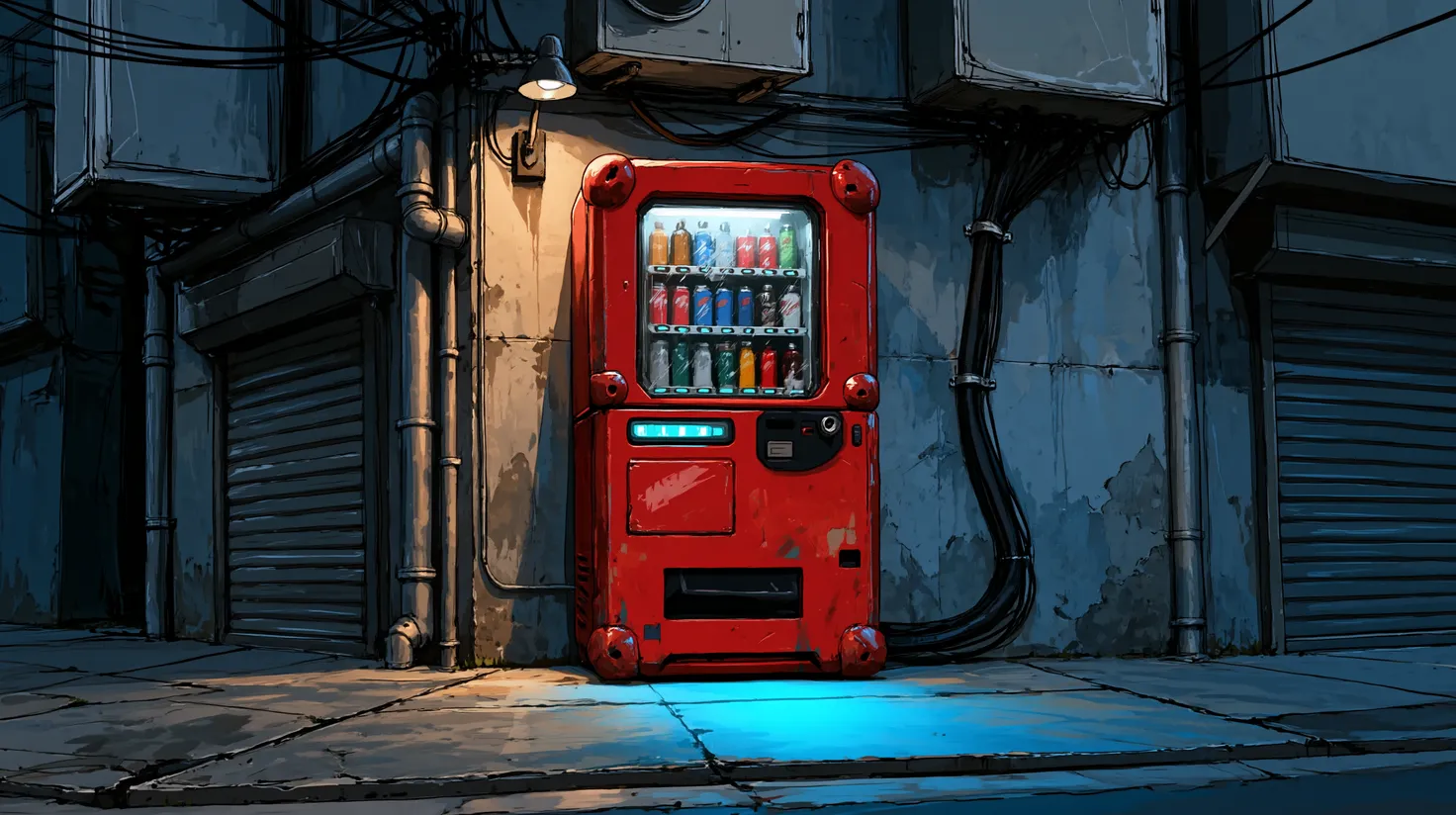 Kris and Ava by a red soda machine in a blue back alley at night.
